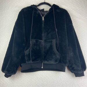 Black Faux Fur Hooded coat. Size Medium.